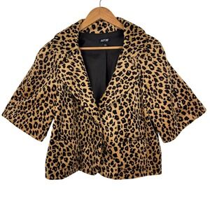 Leopard Print Faux Fur Cropped Jacket Womens Short Sleeve Tan Brown Large Apt 9